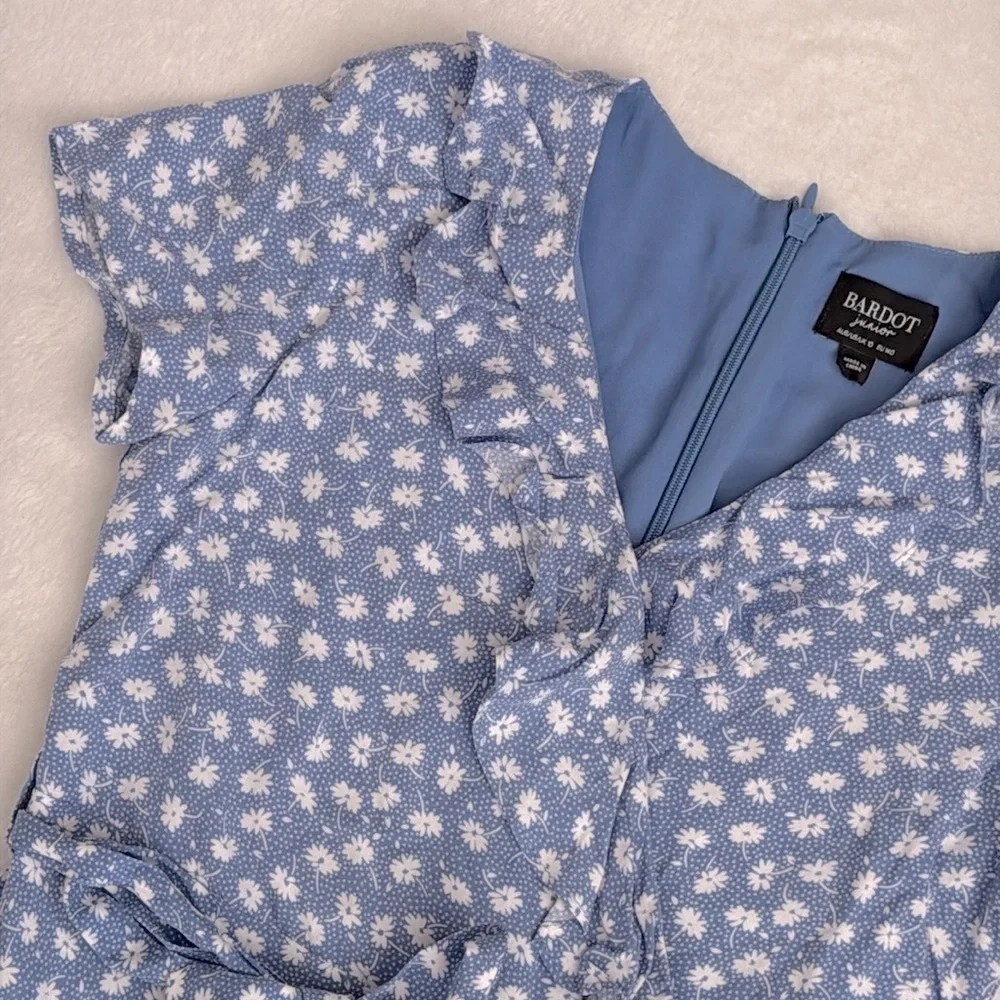 Bardot Junior | Ditsy Floral Print Ruffle Faux Wrap Mini Dress Blue/White (10) - Picture 3 of 16